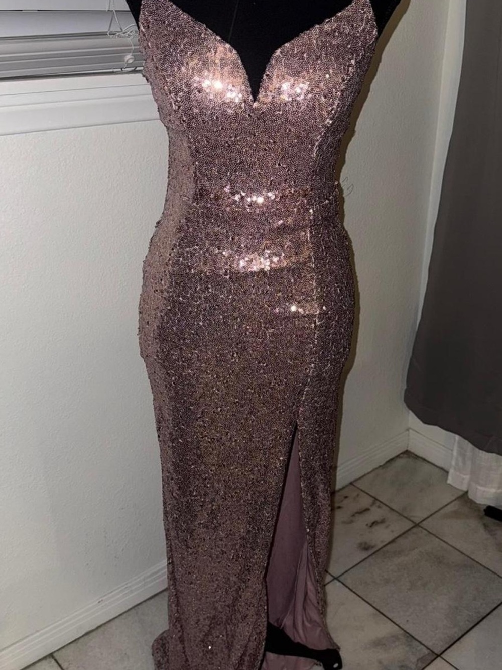 B. Smart Rose Gold Sequin Strapless Evening Gown with Slit